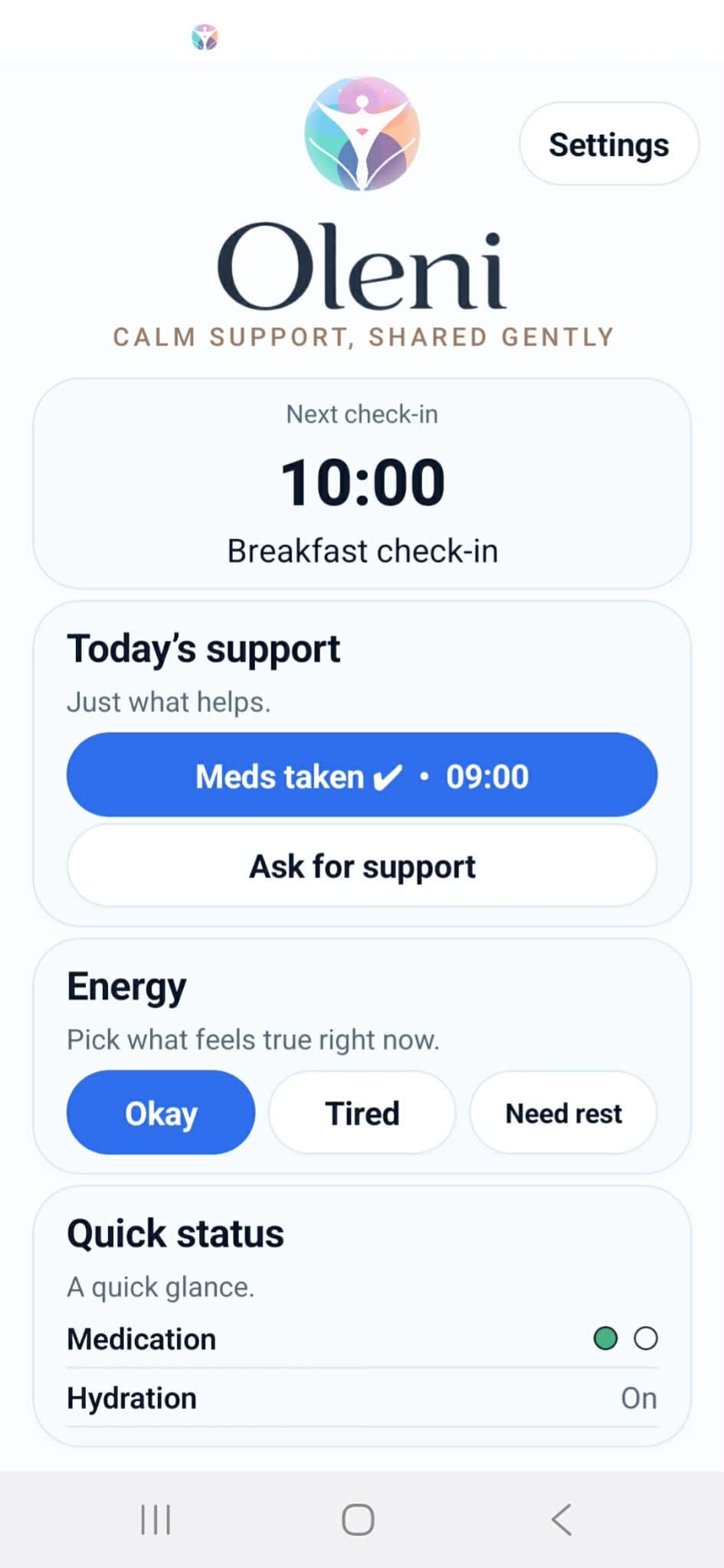 Oleni home screen showing medication, hydration, meals, energy, rest and support check-ins.